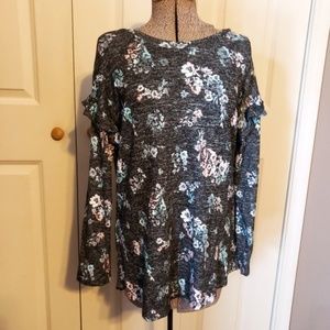 Maurices Grey Floral Soft Ruffled Long Sleeve Top